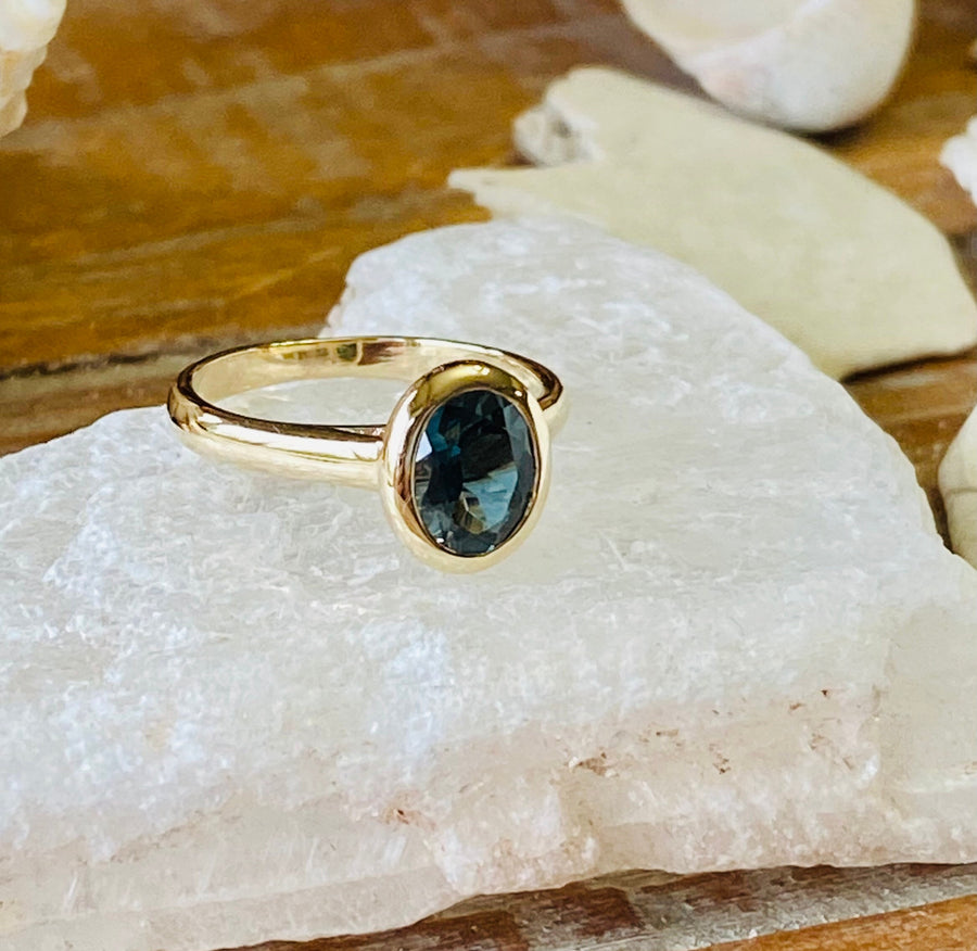 14k Oval Bezel London Blue Topaz Solitaire Ring