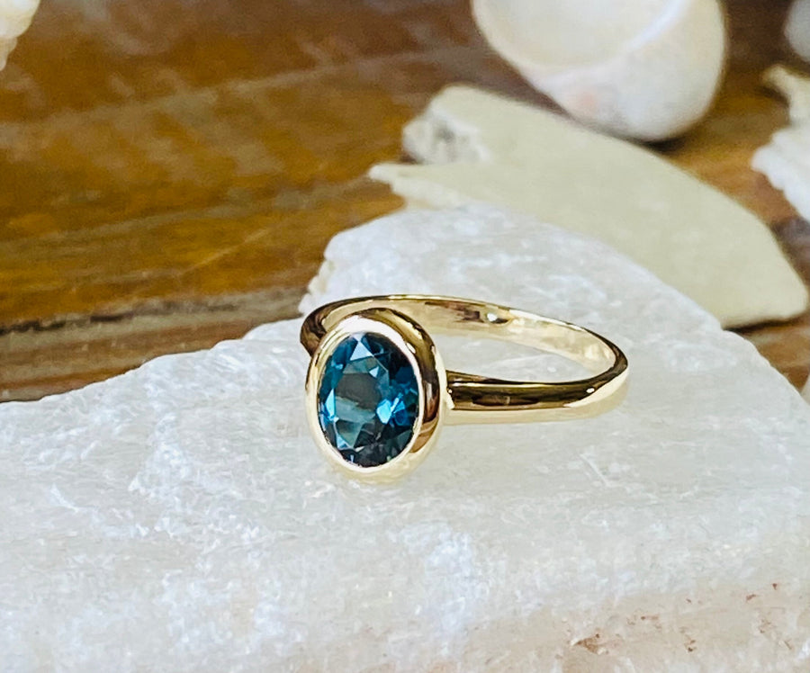 14k Oval Bezel London Blue Topaz Solitaire Ring