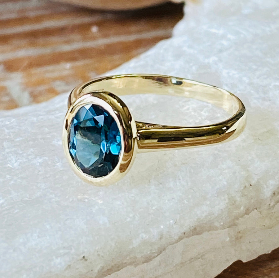 14k Oval Bezel London Blue Topaz Solitaire Ring