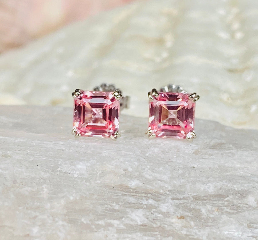 14k Asscher Cut Pink Padparadscha Sapphire Earrings