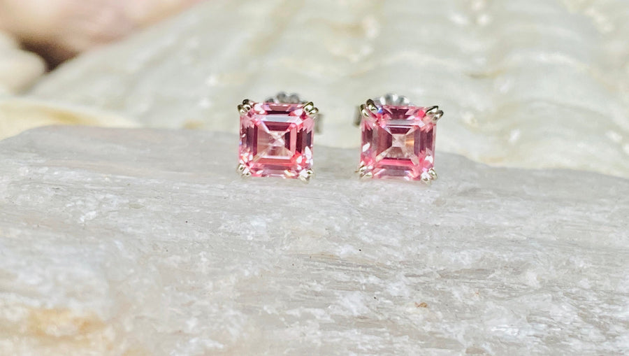 14k Asscher Cut Pink Padparadscha Sapphire Earrings