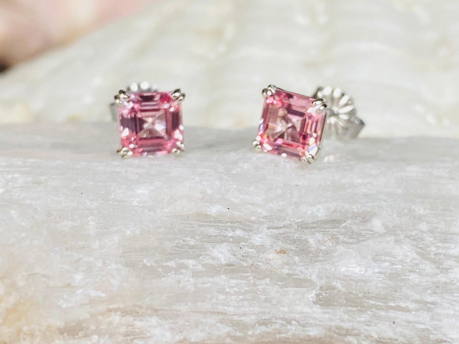 14k Asscher Cut Pink Padparadscha Sapphire Earrings