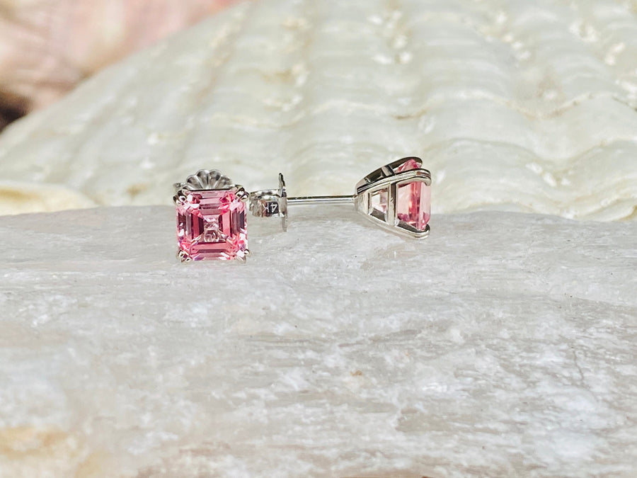 14k Asscher Cut Pink Padparadscha Sapphire Earrings