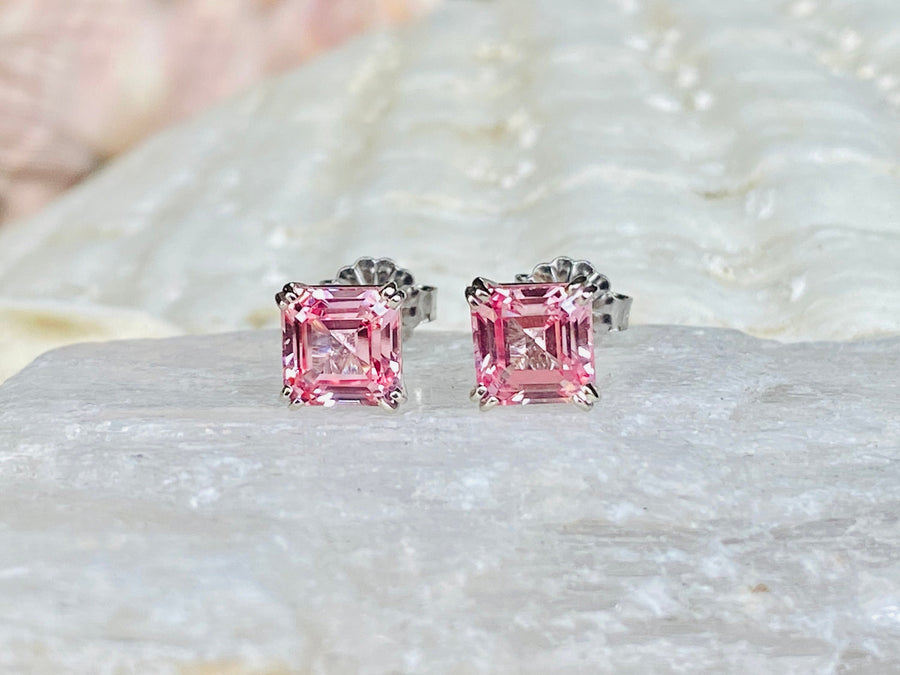 14k Asscher Cut Pink Padparadscha Sapphire Earrings