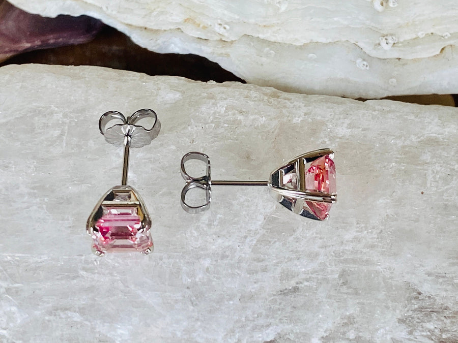 14k Asscher Cut Pink Padparadscha Sapphire Earrings