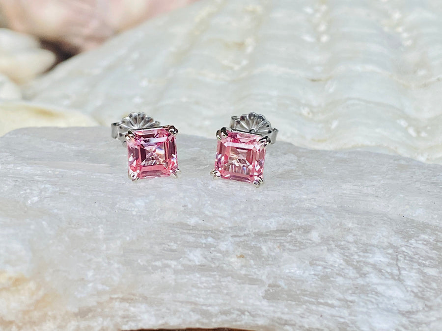 14k Asscher Cut Pink Padparadscha Sapphire Earrings