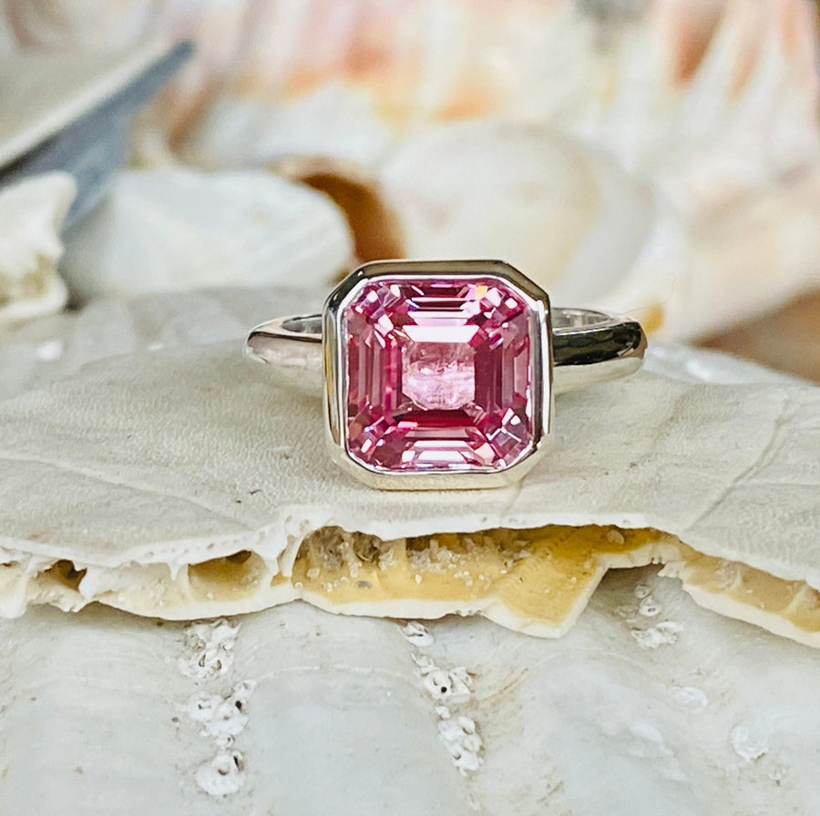 14k Asscher Cut Padparadscha Pink Sapphire Bezel Ring