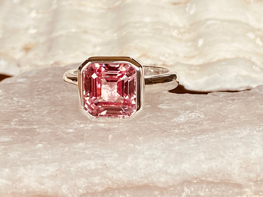 14k Asscher Cut Padparadscha Pink Sapphire Bezel Ring