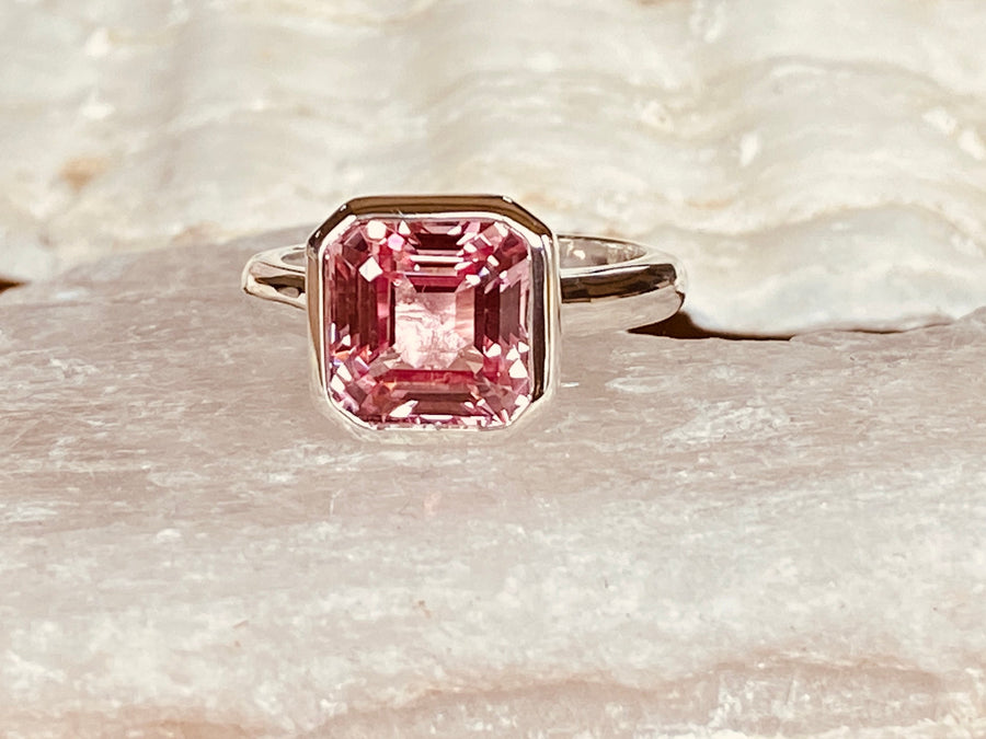 14k Asscher Cut Padparadscha Pink Sapphire Bezel Ring