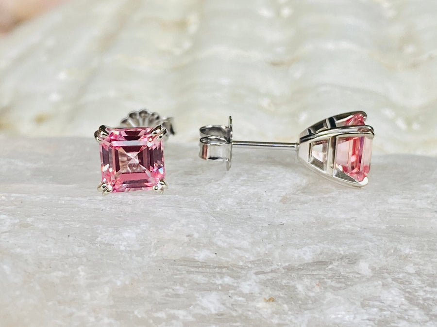 14k Asscher Cut Pink Padparadscha Sapphire Earrings