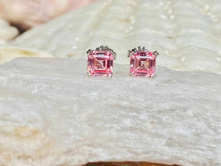 14k Asscher Cut Pink Padparadscha Sapphire Earrings