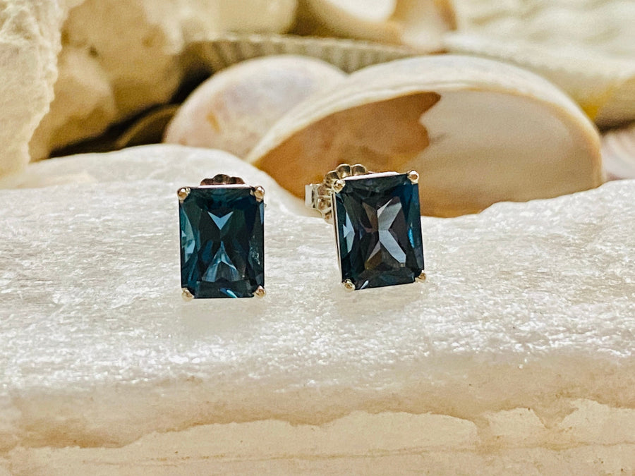 14k Radiant Cut London Blue Topaz Stud Earrings