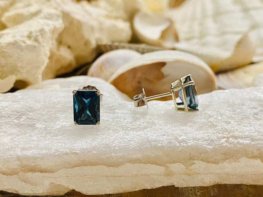 14k Radiant Cut London Blue Topaz Stud Earrings