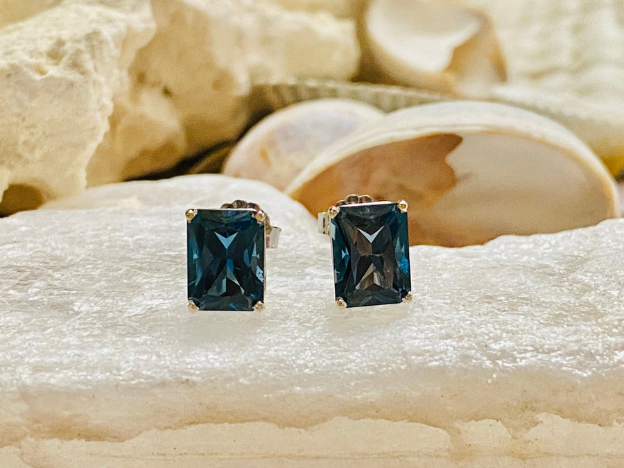 14k Radiant Cut London Blue Topaz Stud Earrings