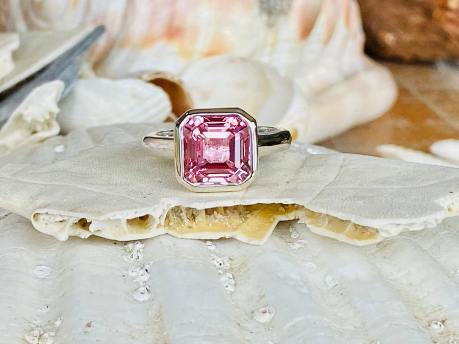 14k Asscher Cut Padparadscha Pink Sapphire Bezel Ring