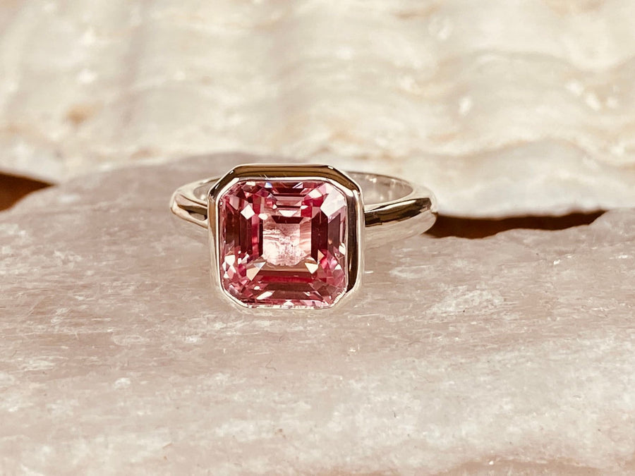 14k Asscher Cut Padparadscha Pink Sapphire Bezel Ring