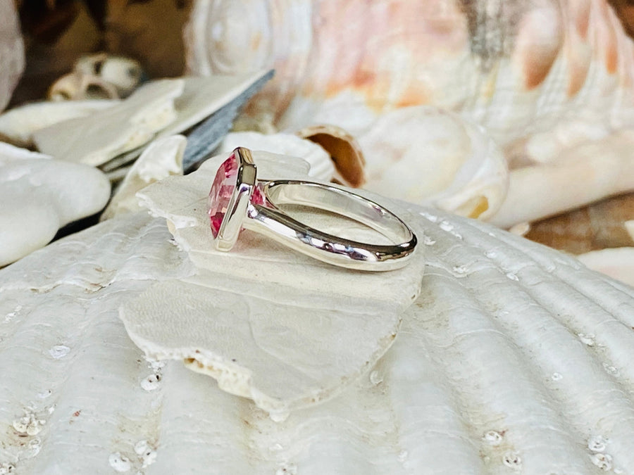 14k Asscher Cut Padparadscha Pink Sapphire Bezel Ring