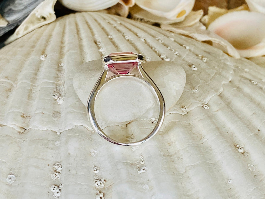 14k Asscher Cut Padparadscha Pink Sapphire Bezel Ring