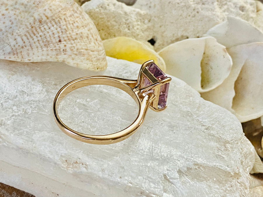 14k Lavender Rose De France Amethyst Emerald Cut Cathedral Set Ring 3.00ct