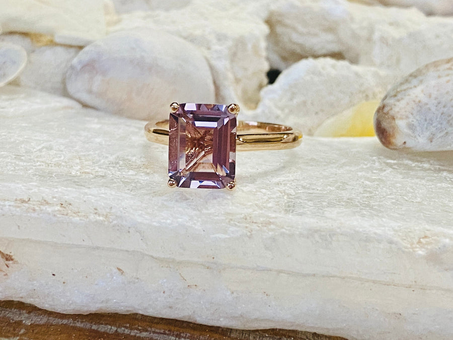 14k Lavender Rose De France Amethyst Emerald Cut Cathedral Set Ring 3.00ct