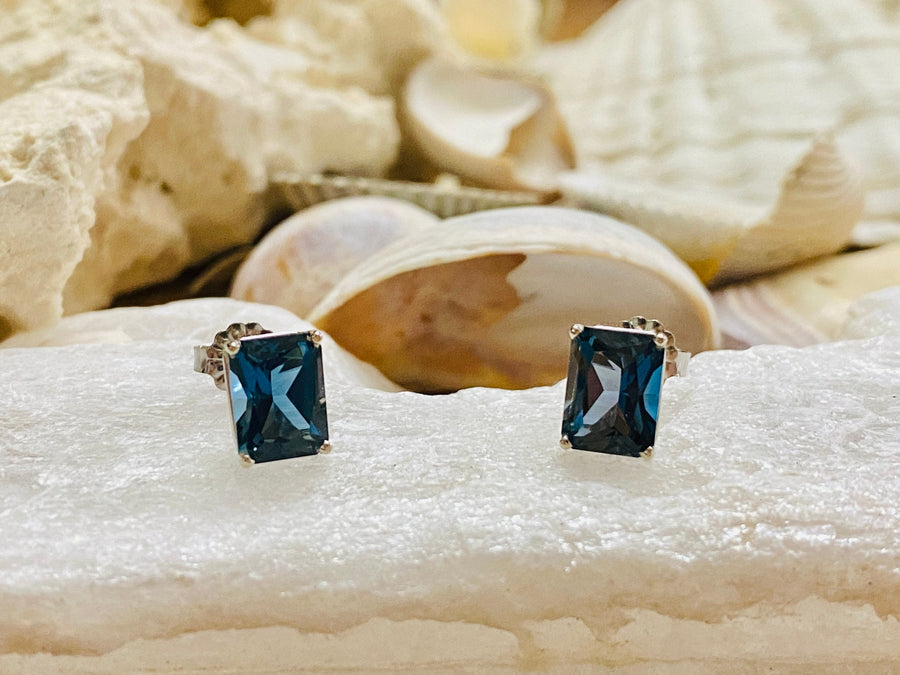 14k Radiant Cut London Blue Topaz Stud Earrings