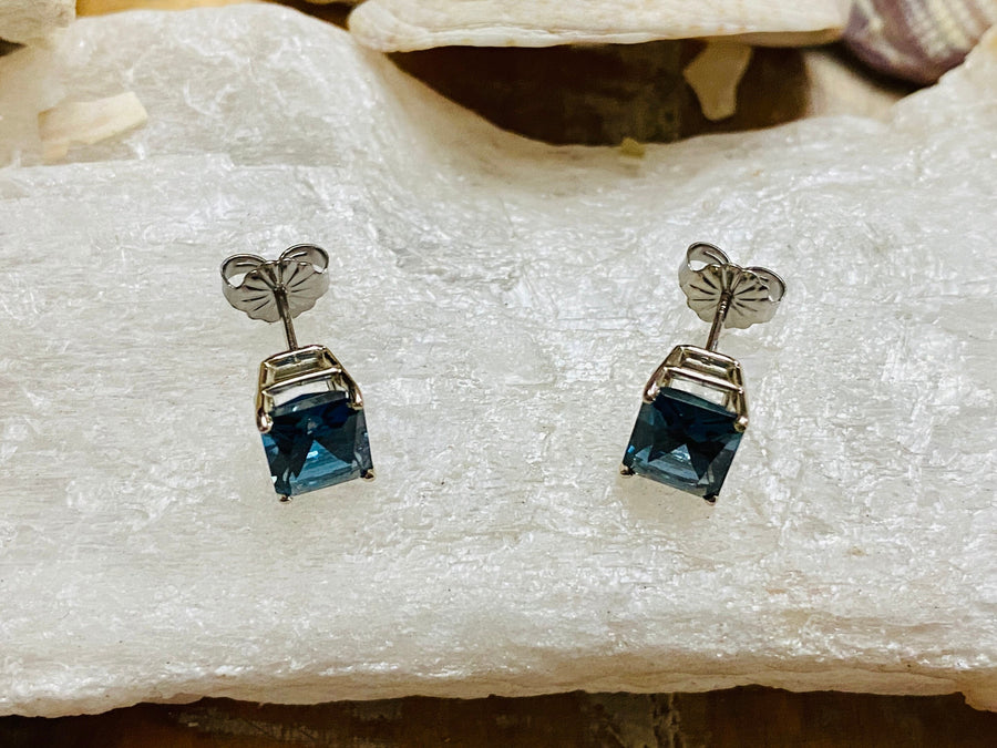 14k Radiant Cut London Blue Topaz Stud Earrings