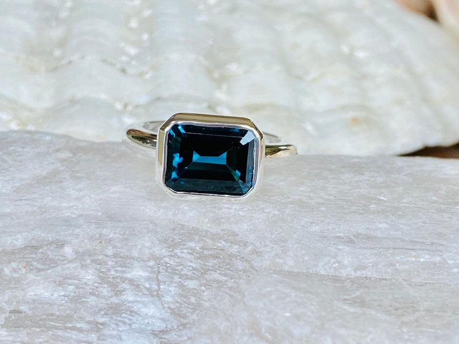 14k East West Bezel Emerald Cut London Blue Topaz Ring 3.50ct