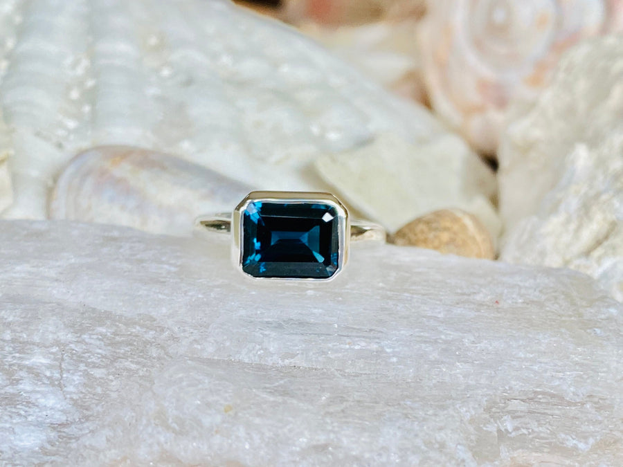 14k East West Bezel Emerald Cut London Blue Topaz Ring 3.50ct