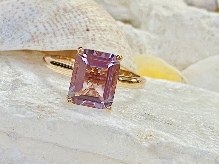 14k Lavender Rose De France Amethyst Emerald Cut Cathedral Set Ring 3.00ct