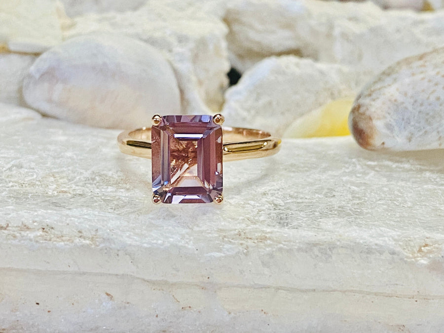 14k Lavender Rose De France Amethyst Emerald Cut Cathedral Set Ring 3.00ct