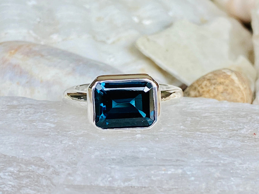 14k East West Bezel Emerald Cut London Blue Topaz Ring 3.50ct