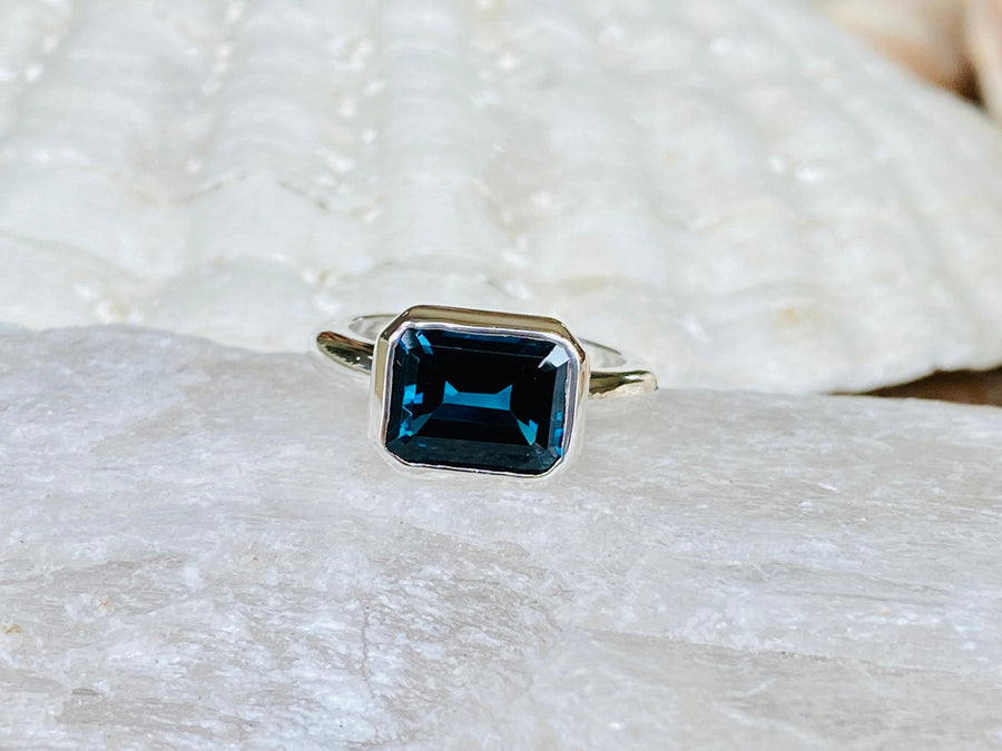 14k East West Bezel Emerald Cut London Blue Topaz Ring 3.50ct