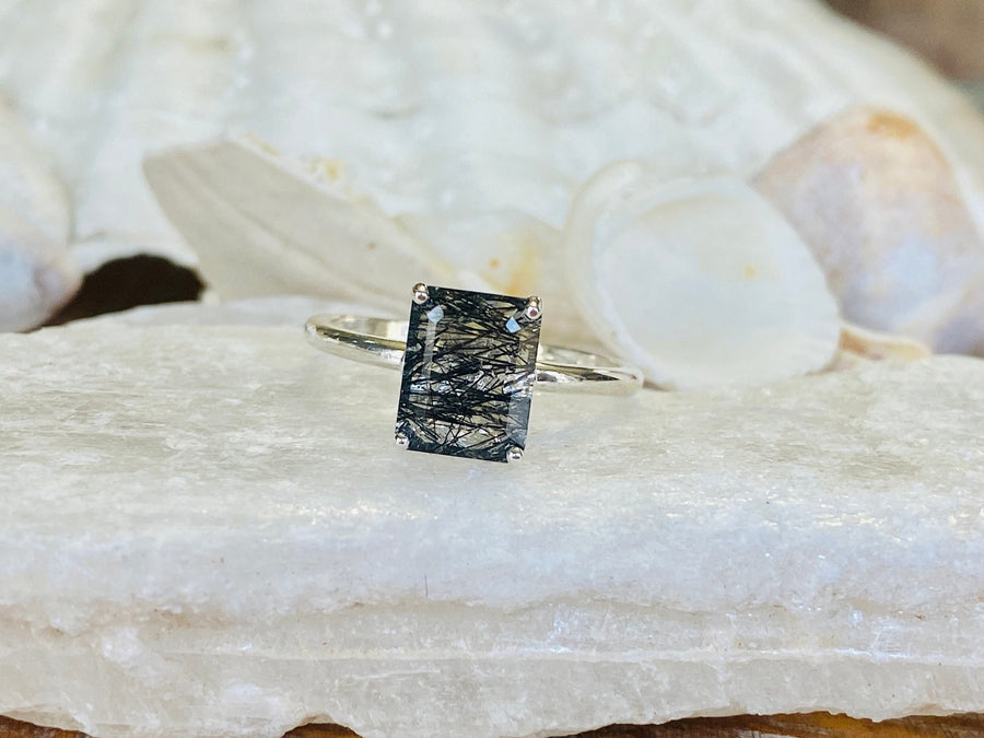 Black Rutilated Tourmalinated Emerald Cut Quartz Solitaire Ring