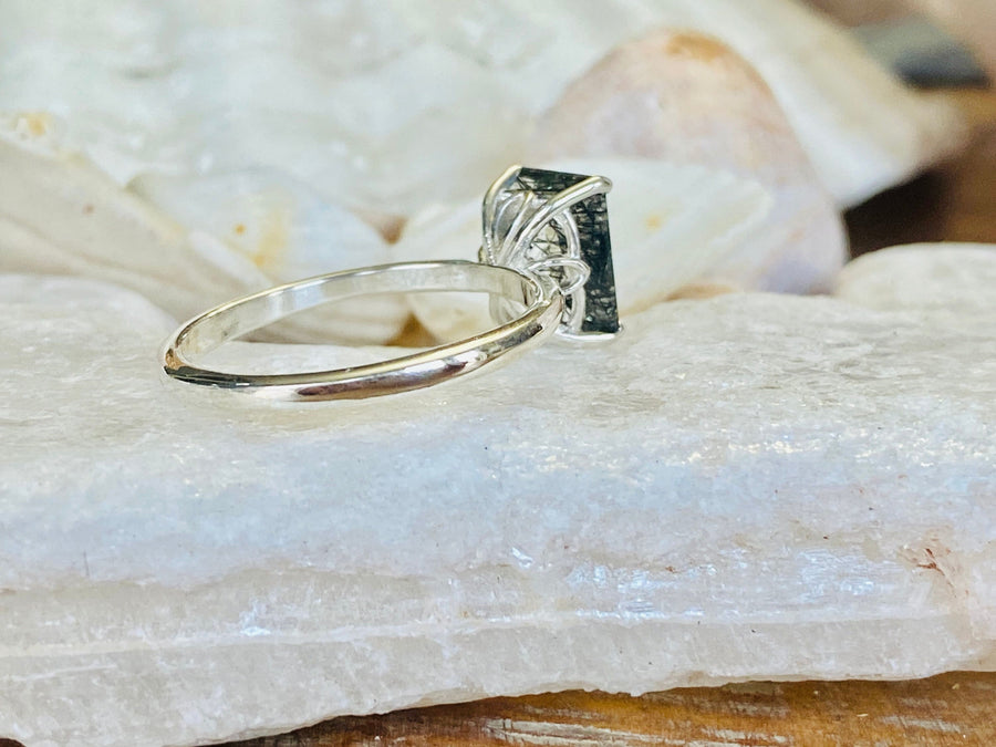 Black Rutilated Tourmalinated Emerald Cut Quartz Solitaire Ring