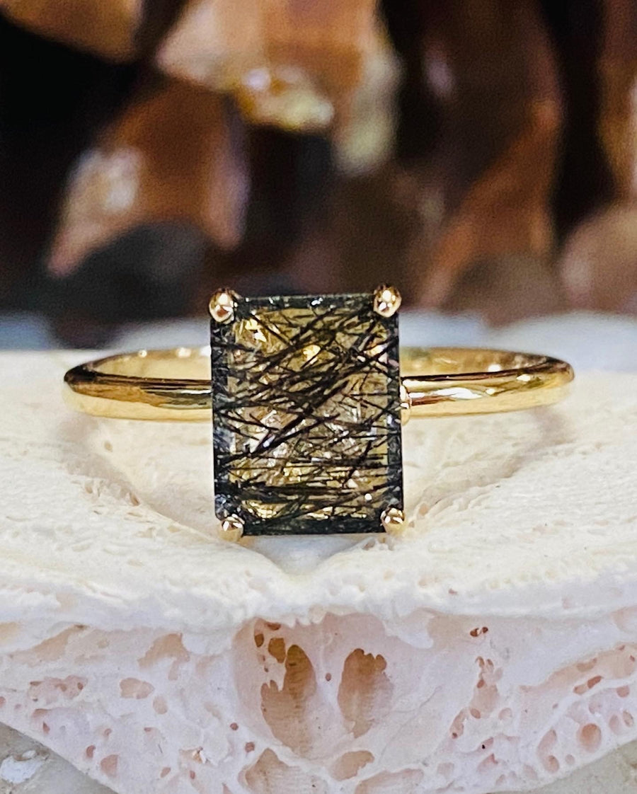 Black Rutilated Tourmalinated Emerald Cut Quartz Solitaire Ring