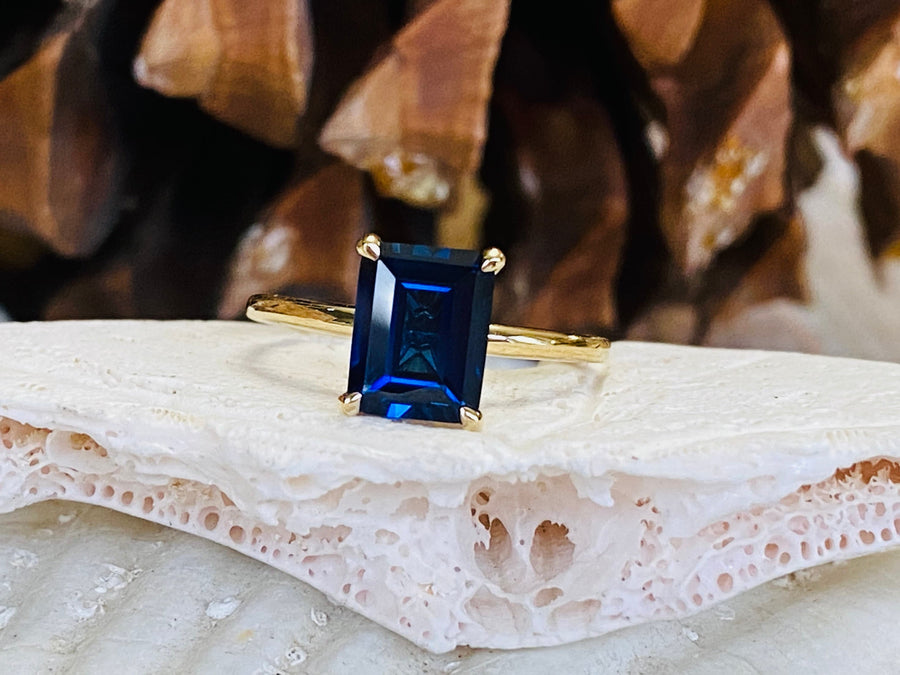 14k Emerald Cut Solitaire Sapphire Ring