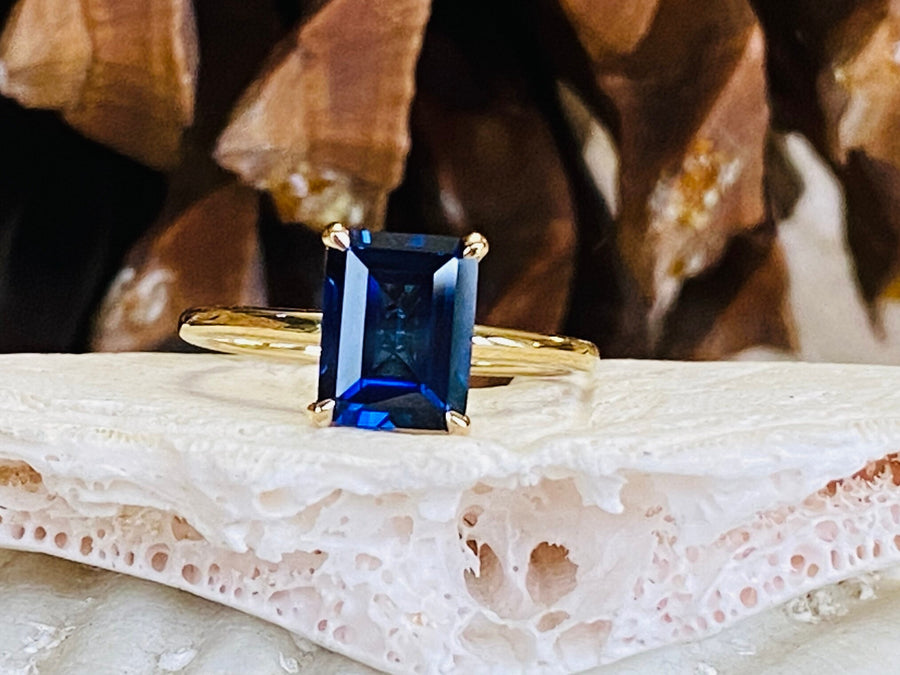 14k Emerald Cut Solitaire Sapphire Ring