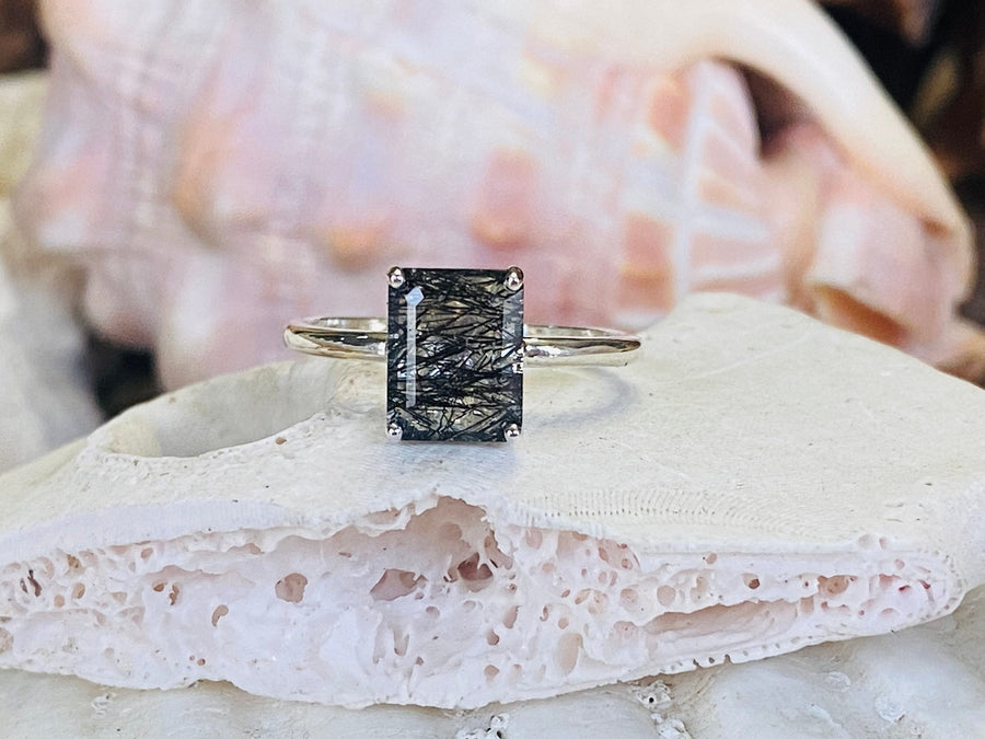 Black Rutilated Tourmalinated Emerald Cut Quartz Solitaire Ring