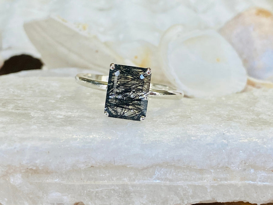 Black Rutilated Tourmalinated Emerald Cut Quartz Solitaire Ring