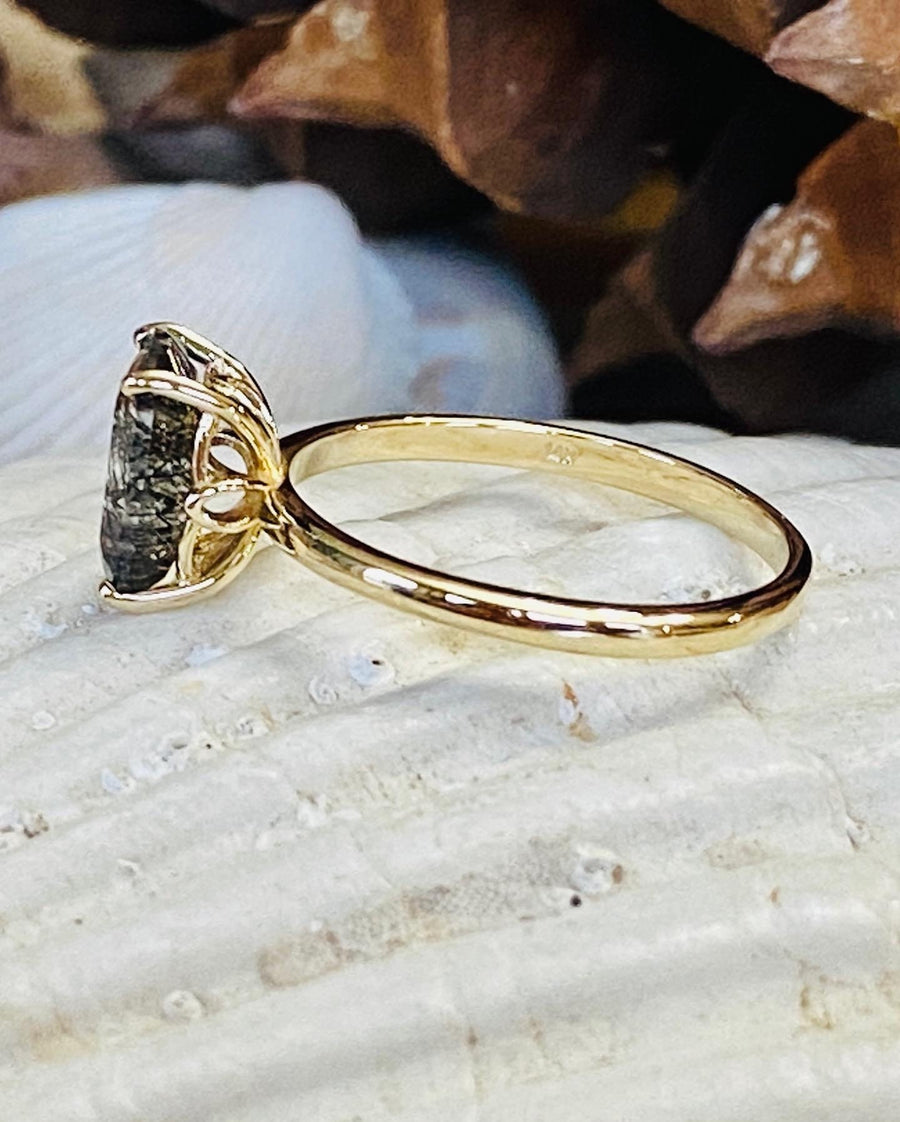 Black Rutilated Tourmalinated Emerald Cut Quartz Solitaire Ring