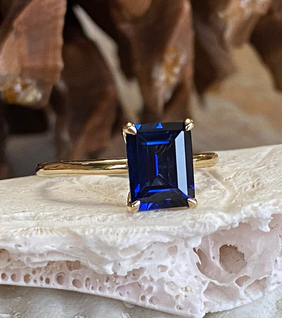 14k Emerald Cut Solitaire Sapphire Ring