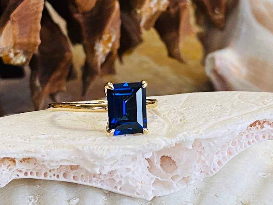 14k Emerald Cut Solitaire Sapphire Ring