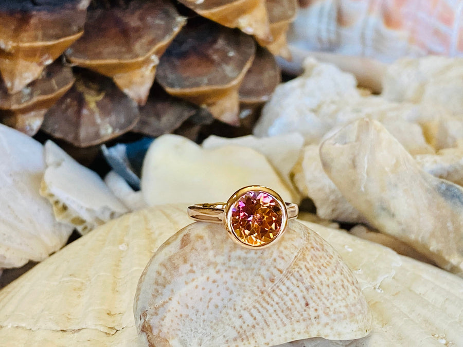 14k Round Bezel Mystic Sunrise Topaz Solitaire Ring