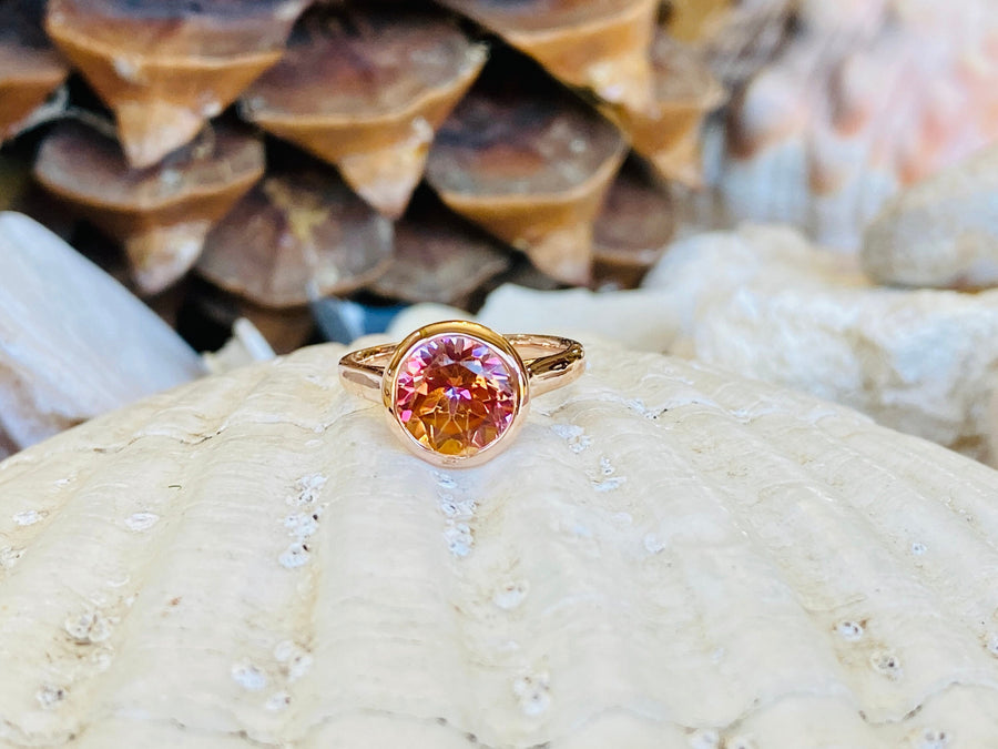 14k Round Bezel Mystic Sunrise Topaz Solitaire Ring