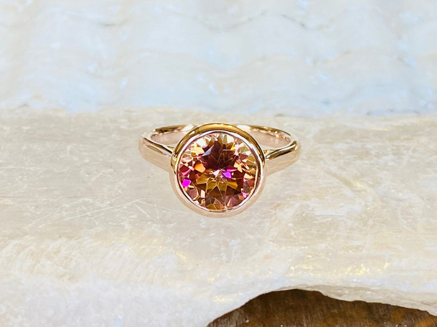 14k Round Bezel Mystic Sunrise Topaz Solitaire Ring