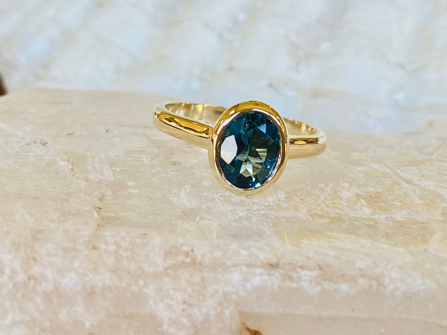 14k Oval Bezel London Blue Topaz Solitaire Ring