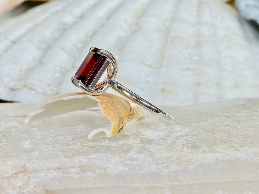 14k Natural Mozambique Garnet Emerald Cut Solitaire Ring