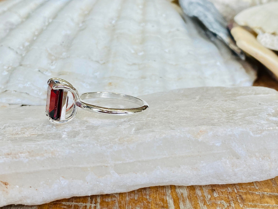 14k Natural Mozambique Garnet Emerald Cut Solitaire Ring