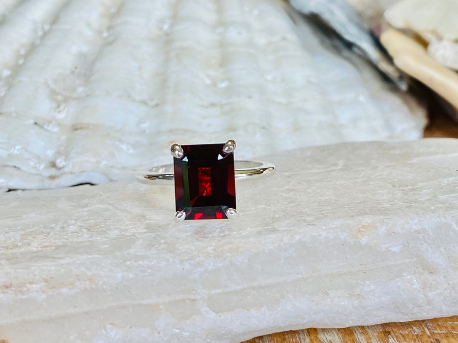 14k Natural Mozambique Garnet Emerald Cut Solitaire Ring