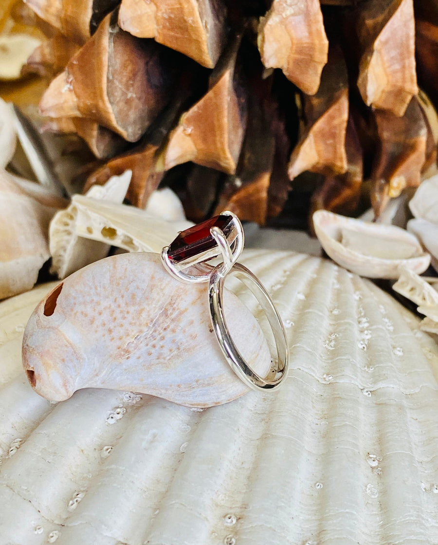14k Natural Mozambique Garnet Emerald Cut Solitaire Ring